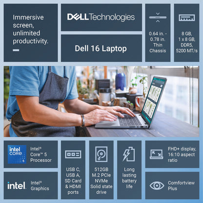 Dell 16” Laptop, Intel® Core™ 5, 8GB, 512GB, FHD+ Touch, Silver Metal, Backlit Keyboard
