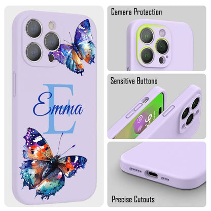 VNGDA Custom Name & Initial - Color Butterfly - Liquid Silicone Case for iPhone 16 Pro Max 15 14 13 12 11 Xs Max Xr SE3 8 7 6 Plus 11 Pro Mini,with Camera Protection Case for Woman