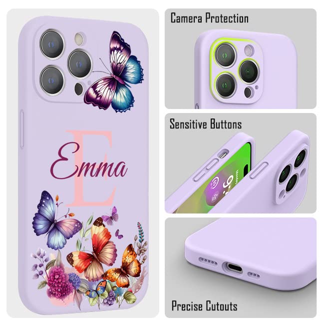 VNGDA Custom Name & Initial - Color Butterfly - Liquid Silicone Case for iPhone 16 Pro Max 15 14 13 12 11 Xs Max Xr SE3 8 7 6 Plus 11 Pro Mini,with Camera Protection Case for Woman