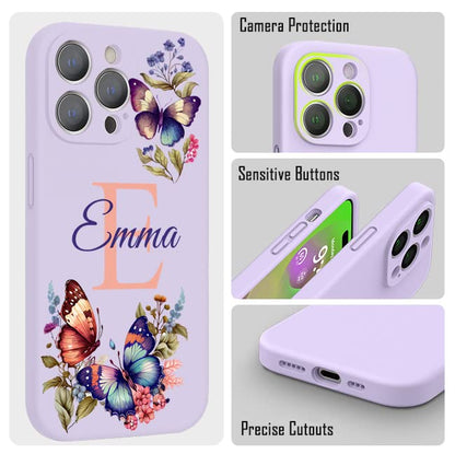 VNGDA Custom Name & Initial - Color Butterfly - Liquid Silicone Case for iPhone 16 Pro Max 15 14 13 12 11 Xs Max Xr SE3 8 7 6 Plus 11 Pro Mini,with Camera Protection Case for Woman