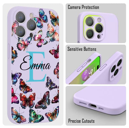 VNGDA Custom Name & Initial - Color Butterfly - Liquid Silicone Case for iPhone 16 Pro Max 15 14 13 12 11 Xs Max Xr SE3 8 7 6 Plus 11 Pro Mini,with Camera Protection Case for Woman