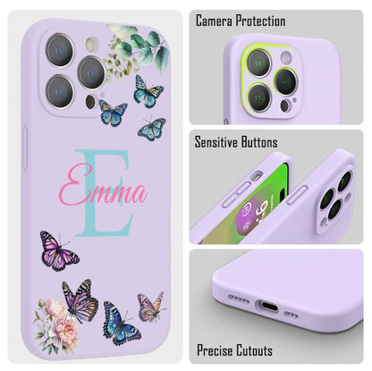 VNGDA Custom Name & Initial - Color Butterfly - Liquid Silicone Case for iPhone 16 Pro Max 15 14 13 12 11 Xs Max Xr SE3 8 7 6 Plus 11 Pro Mini,with Camera Protection Case for Woman