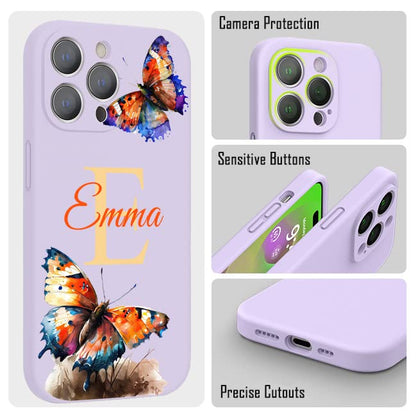 VNGDA Custom Name & Initial - Color Butterfly - Liquid Silicone Case for iPhone 16 Pro Max 15 14 13 12 11 Xs Max Xr SE3 8 7 6 Plus 11 Pro Mini,with Camera Protection Case for Woman