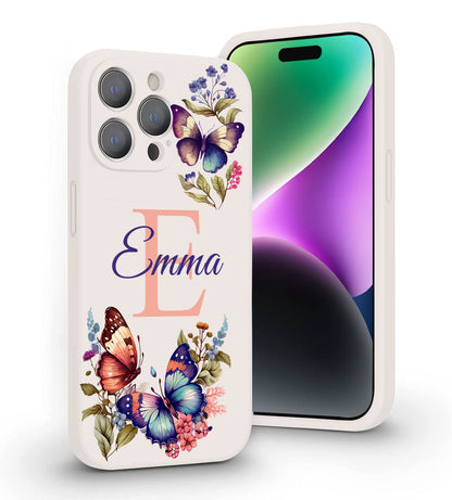 VNGDA Custom Name & Initial - Color Butterfly - Liquid Silicone Case for iPhone 16 Pro Max 15 14 13 12 11 Xs Max Xr SE3 8 7 6 Plus 11 Pro Mini,with Camera Protection Case for Woman