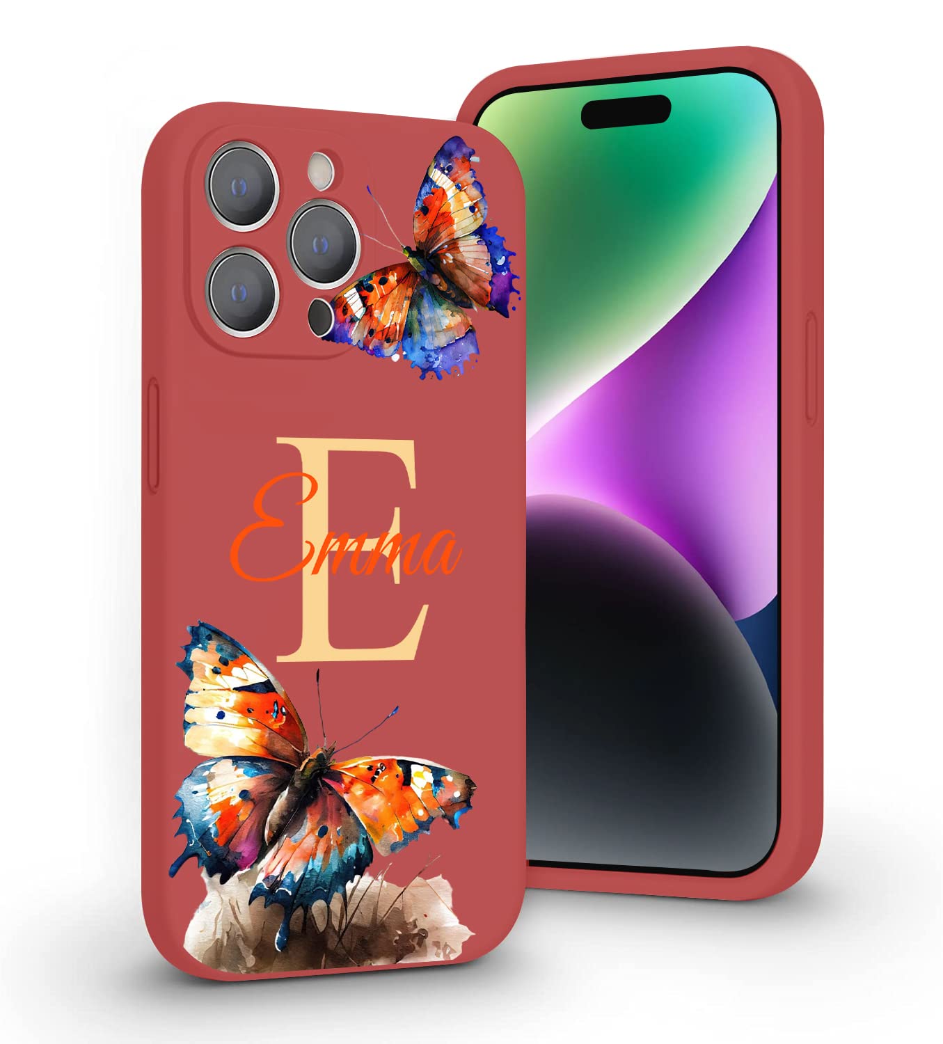 VNGDA Custom Name & Initial - Color Butterfly - Liquid Silicone Case for iPhone 16 Pro Max 15 14 13 12 11 Xs Max Xr SE3 8 7 6 Plus 11 Pro Mini,with Camera Protection Case for Woman
