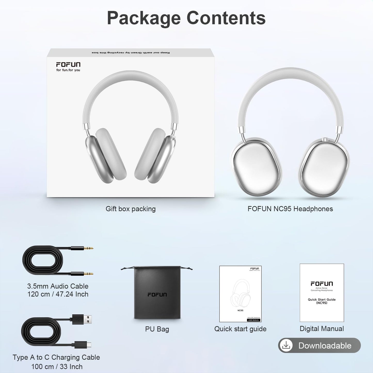 FOFUN NC95 Hybrid Active Noise Cancelling Headphones with Knob Control, 65H Playtime Over Ear Headphones Wireless Bluetooth 6.0, App Control, Hi-Res Audio, Comfort Fit, Clear Calls for Travel/Workout