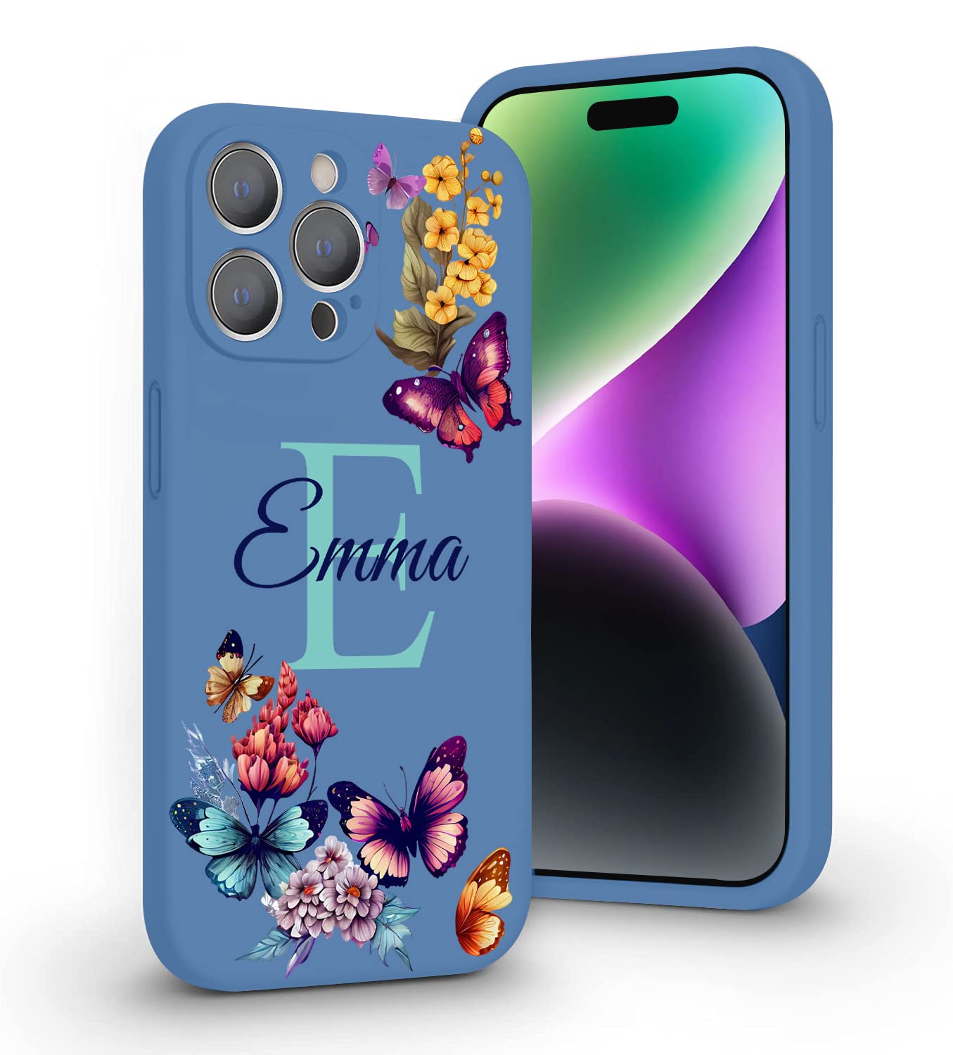 VNGDA Custom Name & Initial - Color Butterfly - Liquid Silicone Case for iPhone 16 Pro Max 15 14 13 12 11 Xs Max Xr SE3 8 7 6 Plus 11 Pro Mini,with Camera Protection Case for Woman