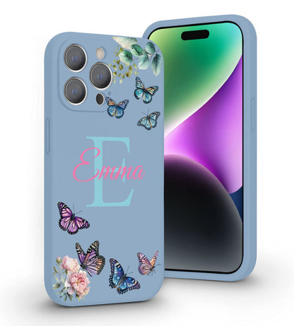 VNGDA Custom Name & Initial - Color Butterfly - Liquid Silicone Case for iPhone 16 Pro Max 15 14 13 12 11 Xs Max Xr SE3 8 7 6 Plus 11 Pro Mini,with Camera Protection Case for Woman