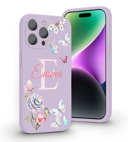 VNGDA Custom Name & Initial - Color Butterfly - Liquid Silicone Case for iPhone 16 Pro Max 15 14 13 12 11 Xs Max Xr SE3 8 7 6 Plus 11 Pro Mini,with Camera Protection Case for Woman