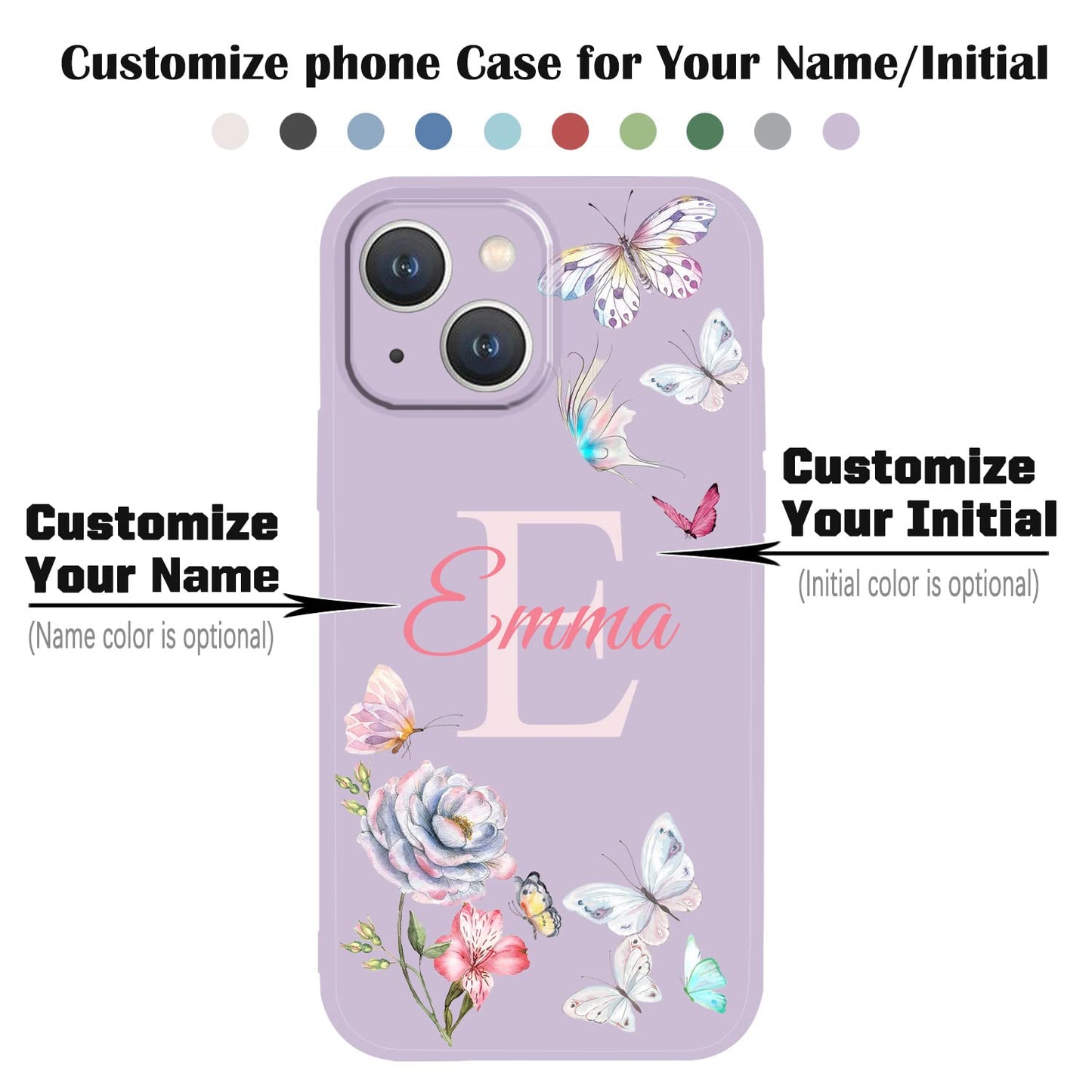 VNGDA Custom Name & Initial - Color Butterfly - Liquid Silicone Case for iPhone 16 Pro Max 15 14 13 12 11 Xs Max Xr SE3 8 7 6 Plus 11 Pro Mini,with Camera Protection Case for Woman