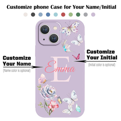 VNGDA Custom Name & Initial - Color Butterfly - Liquid Silicone Case for iPhone 16 Pro Max 15 14 13 12 11 Xs Max Xr SE3 8 7 6 Plus 11 Pro Mini,with Camera Protection Case for Woman