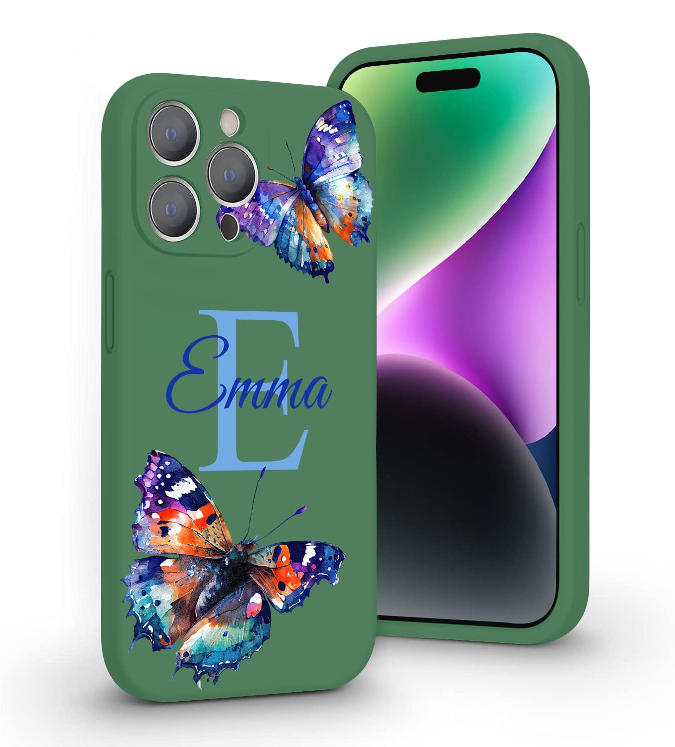 VNGDA Custom Name & Initial - Color Butterfly - Liquid Silicone Case for iPhone 16 Pro Max 15 14 13 12 11 Xs Max Xr SE3 8 7 6 Plus 11 Pro Mini,with Camera Protection Case for Woman
