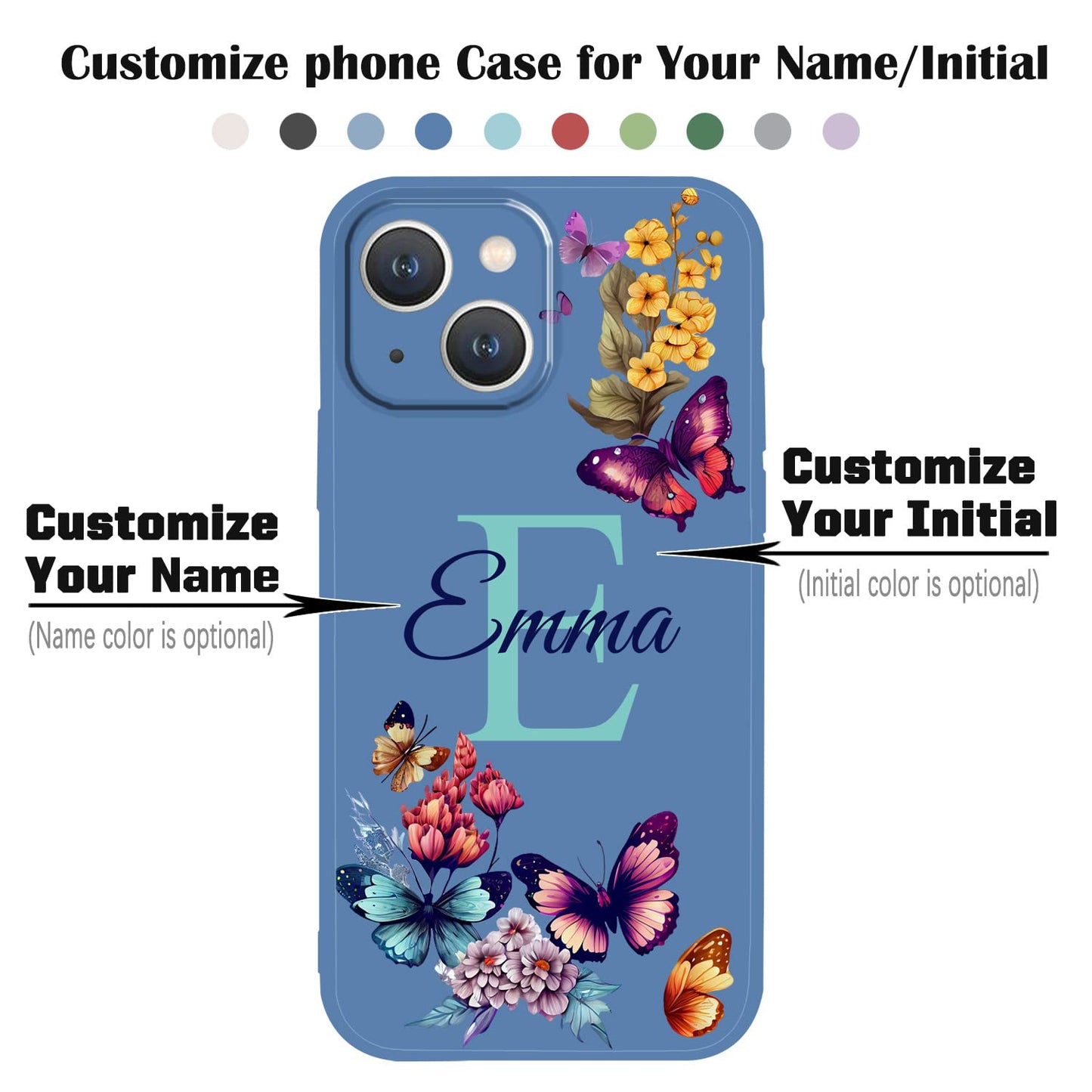 VNGDA Custom Name & Initial - Color Butterfly - Liquid Silicone Case for iPhone 16 Pro Max 15 14 13 12 11 Xs Max Xr SE3 8 7 6 Plus 11 Pro Mini,with Camera Protection Case for Woman