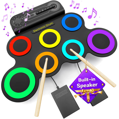 VerkTop Electric Drum Set Built-in Speaker, Kids Drum Pad and Sticks, Portable Roll Up Drums Practice Pad for Kids, Great Birthday for Girls Boys