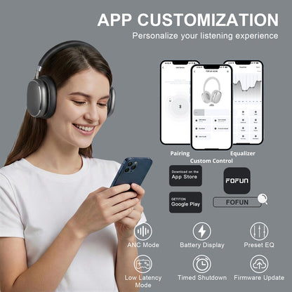 FOFUN NC95 Hybrid Active Noise Cancelling Headphones with Knob Control, 65H Playtime Over Ear Headphones Wireless Bluetooth 6.0, App Control, Hi-Res Audio, Comfort Fit, Clear Calls for Travel/Workout