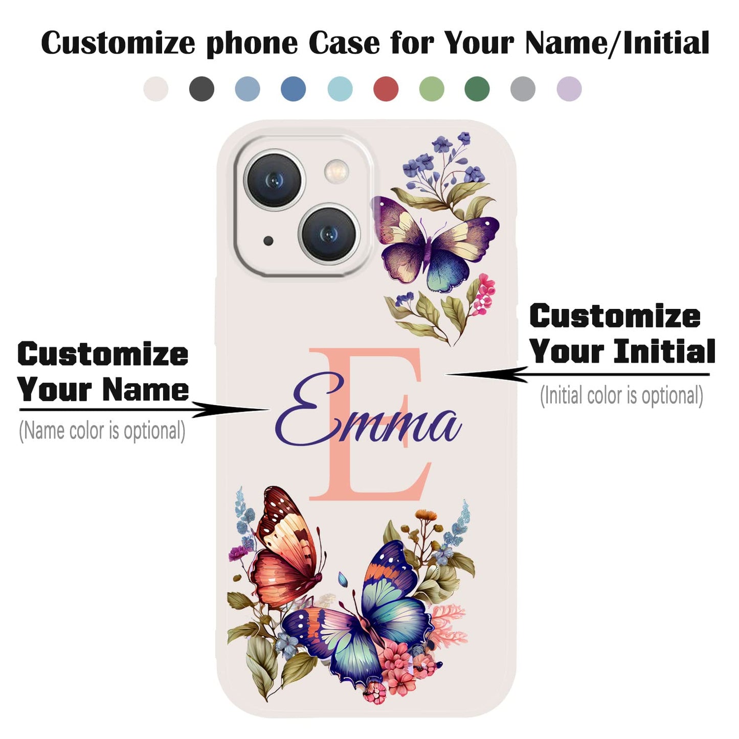 VNGDA Custom Name & Initial - Color Butterfly - Liquid Silicone Case for iPhone 16 Pro Max 15 14 13 12 11 Xs Max Xr SE3 8 7 6 Plus 11 Pro Mini,with Camera Protection Case for Woman