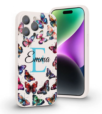 VNGDA Custom Name & Initial - Color Butterfly - Liquid Silicone Case for iPhone 16 Pro Max 15 14 13 12 11 Xs Max Xr SE3 8 7 6 Plus 11 Pro Mini,with Camera Protection Case for Woman