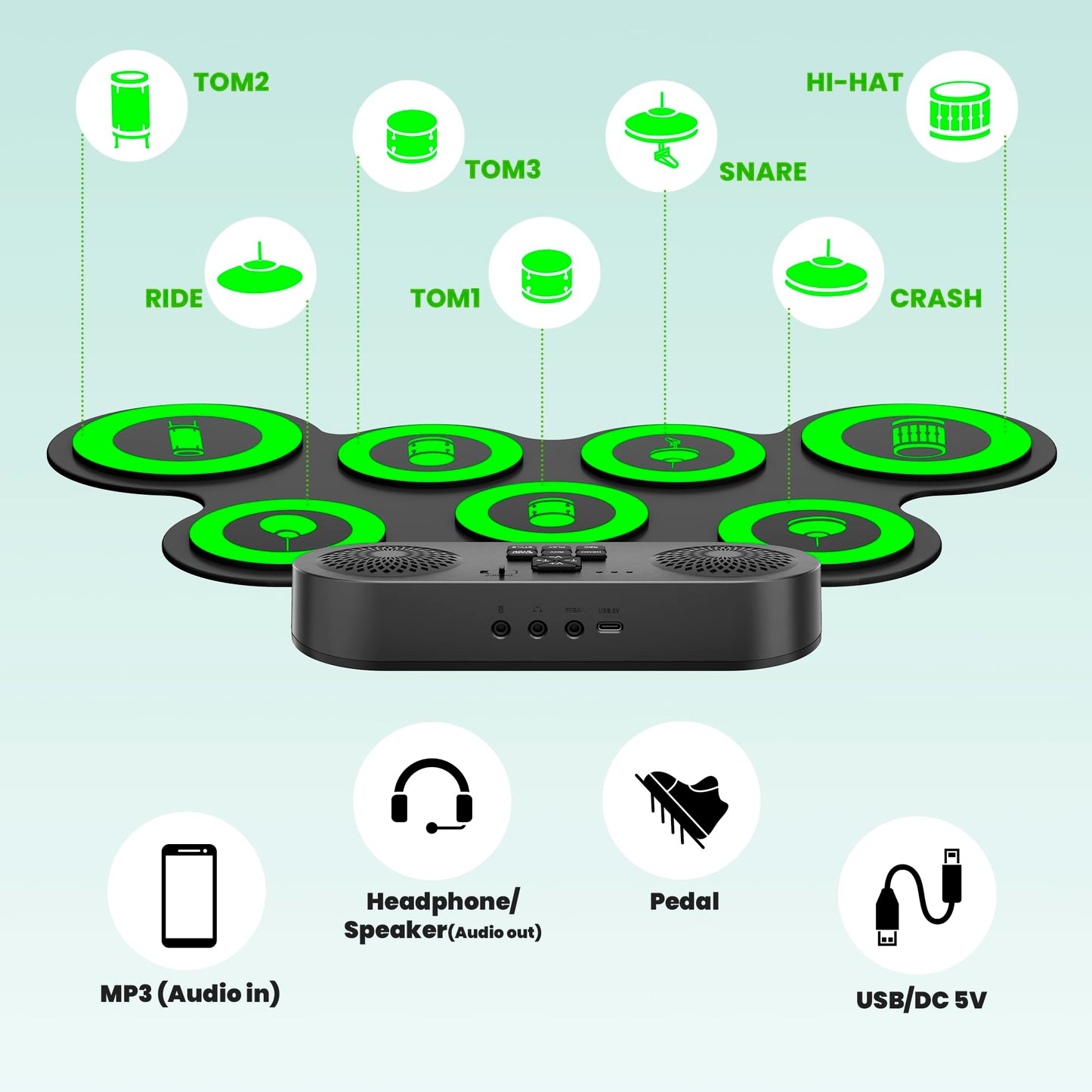 VerkTop Electric Drum Set Built-in Speaker, Kids Drum Pad and Sticks, Portable Roll Up Drums Practice Pad for Kids, Great Birthday for Girls Boys