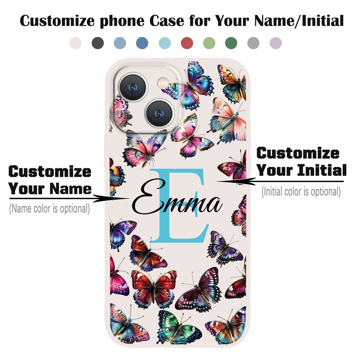 VNGDA Custom Name & Initial - Color Butterfly - Liquid Silicone Case for iPhone 16 Pro Max 15 14 13 12 11 Xs Max Xr SE3 8 7 6 Plus 11 Pro Mini,with Camera Protection Case for Woman