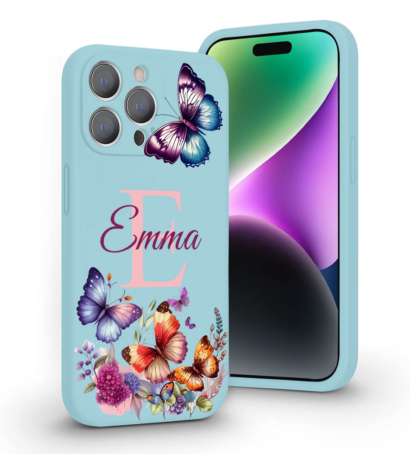 VNGDA Custom Name & Initial - Color Butterfly - Liquid Silicone Case for iPhone 16 Pro Max 15 14 13 12 11 Xs Max Xr SE3 8 7 6 Plus 11 Pro Mini,with Camera Protection Case for Woman