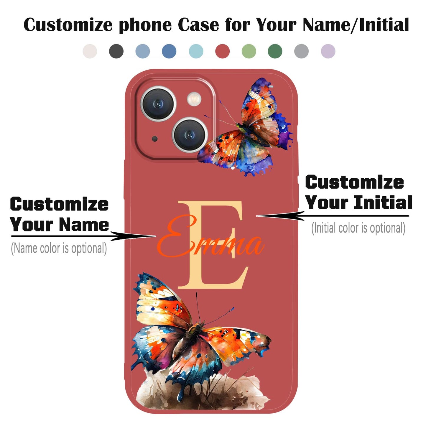 VNGDA Custom Name & Initial - Color Butterfly - Liquid Silicone Case for iPhone 16 Pro Max 15 14 13 12 11 Xs Max Xr SE3 8 7 6 Plus 11 Pro Mini,with Camera Protection Case for Woman