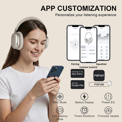 FOFUN NC95 Hybrid Active Noise Cancelling Headphones with Knob Control, 65H Playtime Over Ear Headphones Wireless Bluetooth 6.0, App Control, Hi-Res Audio, Comfort Fit, Clear Calls for Travel/Workout