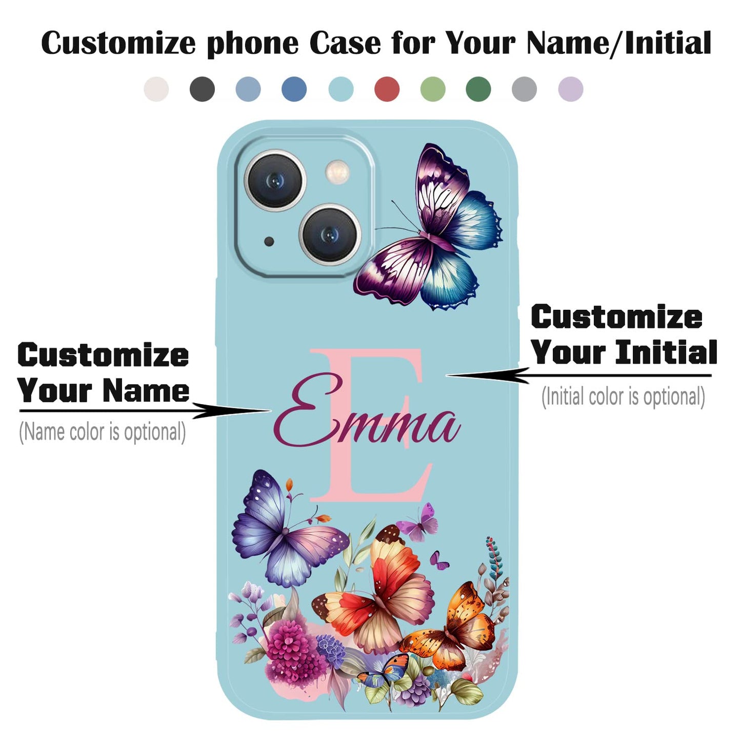 VNGDA Custom Name & Initial - Color Butterfly - Liquid Silicone Case for iPhone 16 Pro Max 15 14 13 12 11 Xs Max Xr SE3 8 7 6 Plus 11 Pro Mini,with Camera Protection Case for Woman