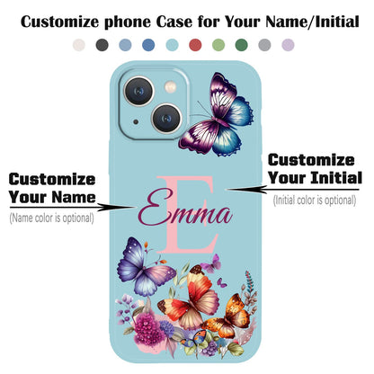 VNGDA Custom Name & Initial - Color Butterfly - Liquid Silicone Case for iPhone 16 Pro Max 15 14 13 12 11 Xs Max Xr SE3 8 7 6 Plus 11 Pro Mini,with Camera Protection Case for Woman