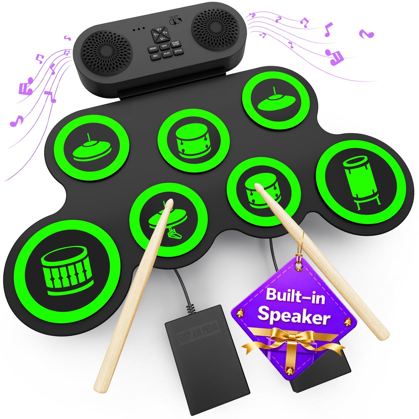 VerkTop Electric Drum Set Built-in Speaker, Kids Drum Pad and Sticks, Portable Roll Up Drums Practice Pad for Kids, Great Birthday for Girls Boys