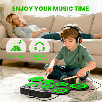 VerkTop Electric Drum Set Built-in Speaker, Kids Drum Pad and Sticks, Portable Roll Up Drums Practice Pad for Kids, Great Birthday for Girls Boys