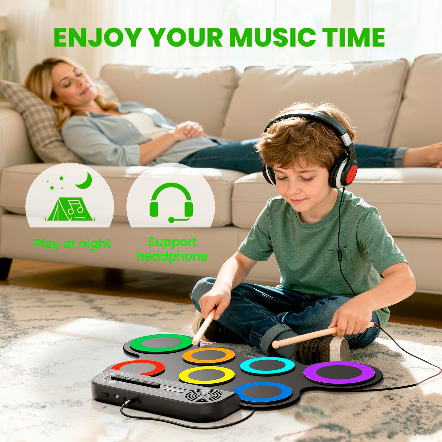 VerkTop Electric Drum Set Built-in Speaker, Kids Drum Pad and Sticks, Portable Roll Up Drums Practice Pad for Kids, Great Birthday for Girls Boys