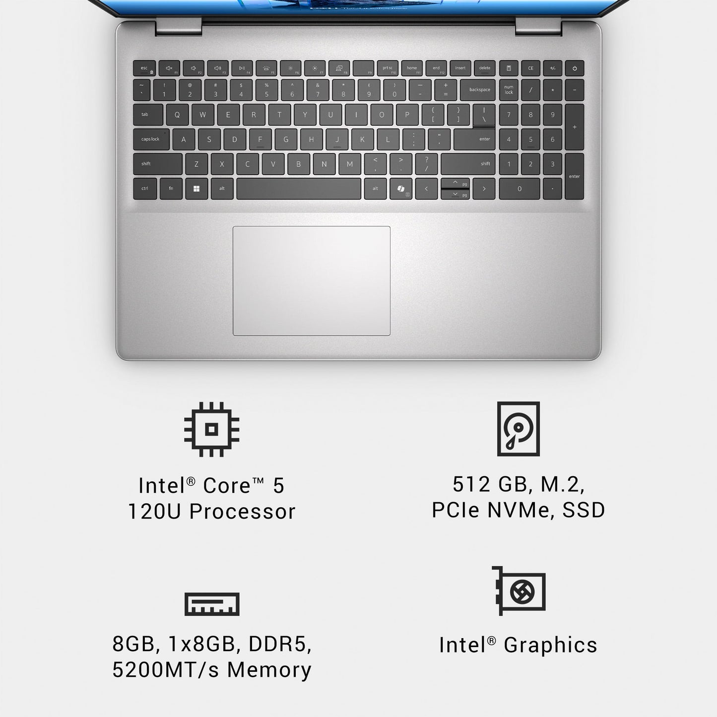 Dell 16” Laptop, Intel® Core™ 5, 8GB, 512GB, FHD+ Touch, Silver Metal, Backlit Keyboard